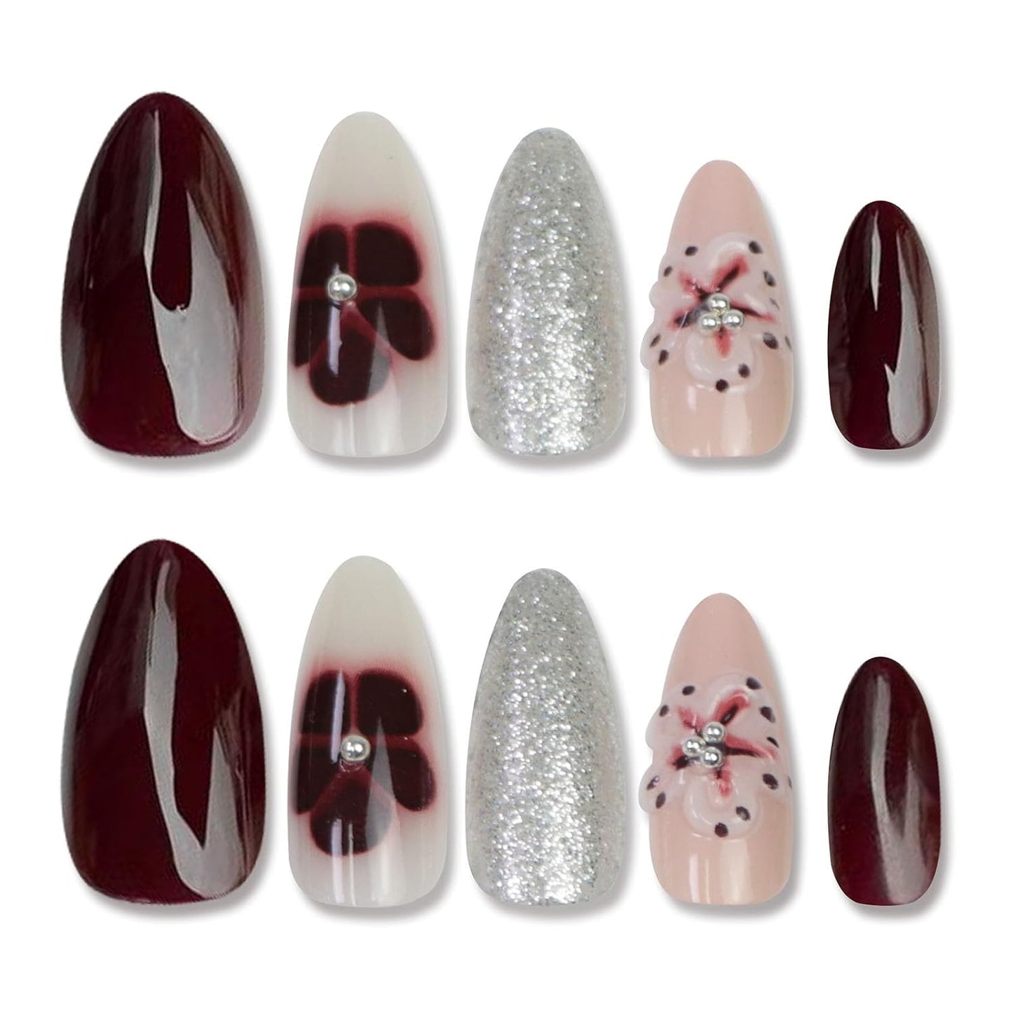 French Tip Press-On Nails - Medium Almond Shape with 3D Bow & Pearl Charms | 24 Pcs Spring Design