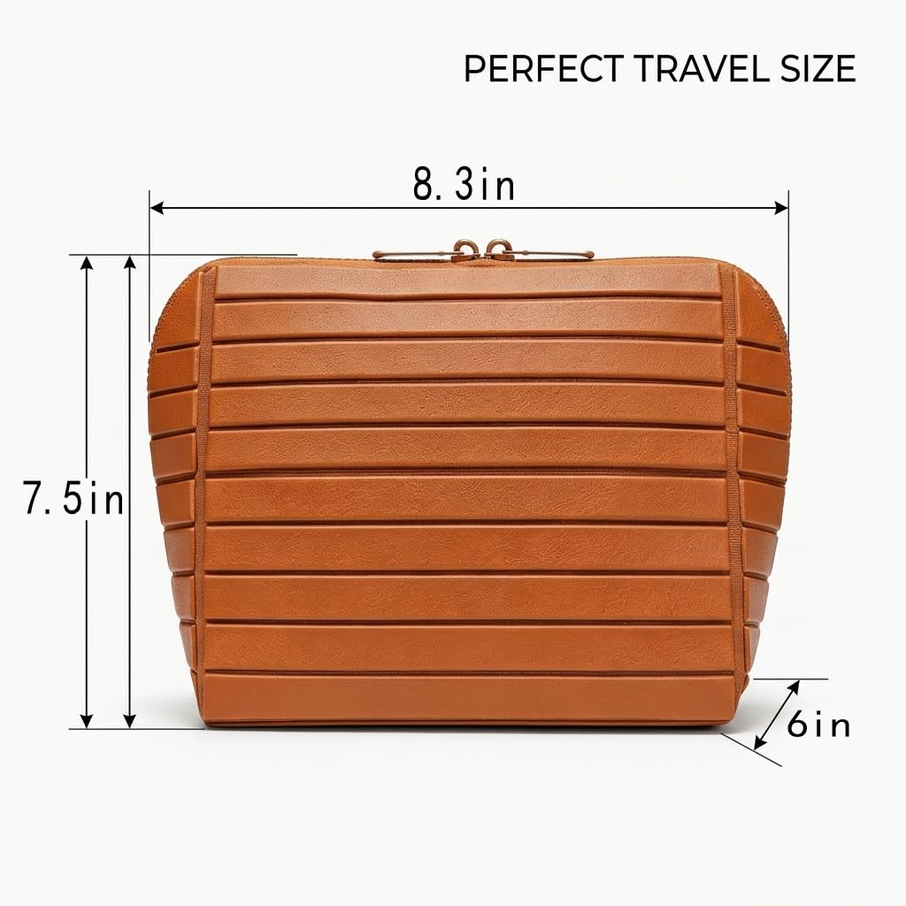 Cmengleo Large Capacity Travel Makeup Organizer Bag with Fold-Down Design - 27 Pockets, Adjustable Dividers & 3 Brush Holders - Cosmetic Toiletry Case for Women/Men, Brown