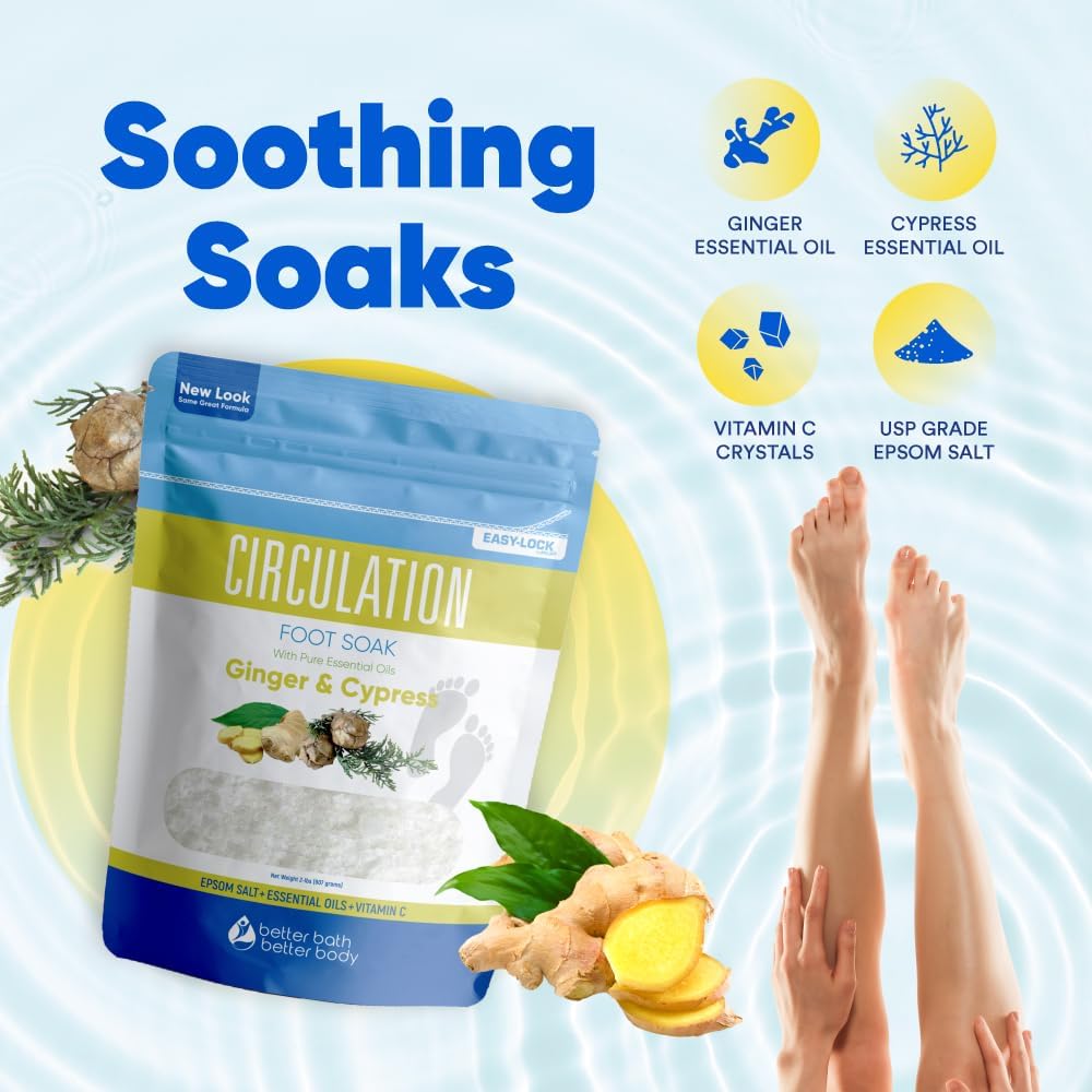 Epsom Salt Foot Soak - 32 Oz Ginger & Cypress Essential Oils | Vitamin C Enriched, BPA-Free Pouch