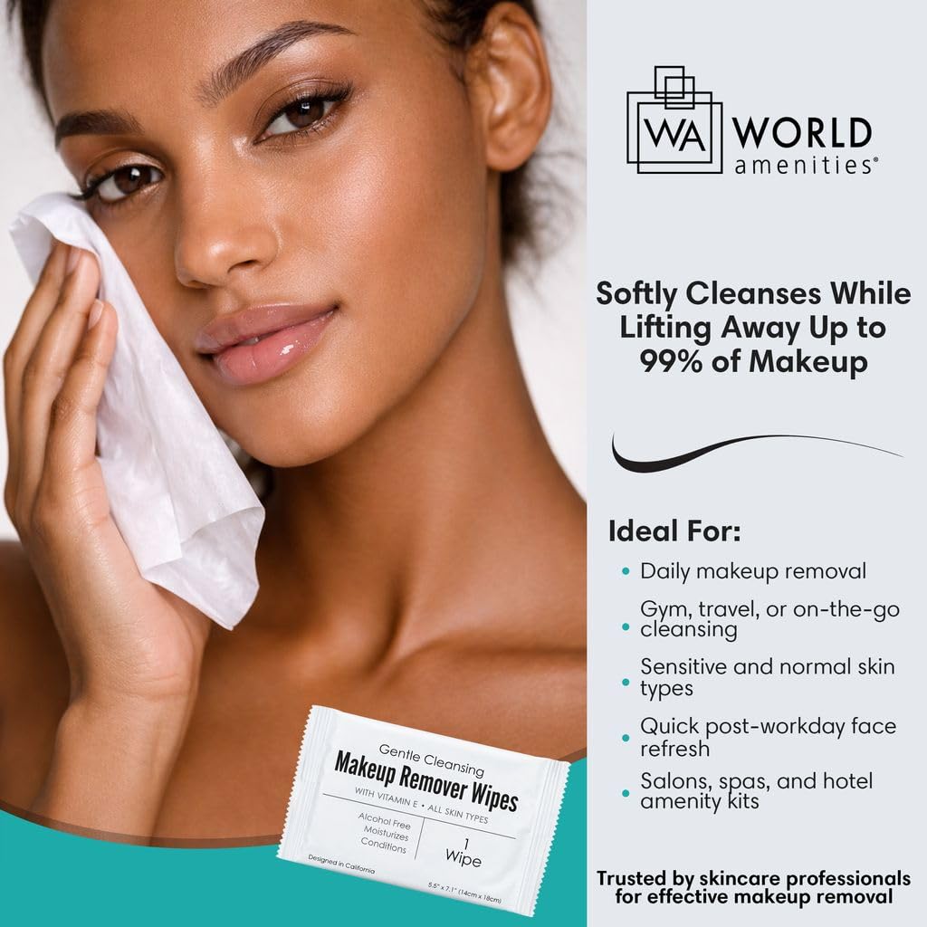 Makeup Remover Wipes - Alcohol-Free Vitamin E Facial Cleansing Wipes for Sensitive Skin | 50 Individually Wrapped Travel-Friendly Wipes