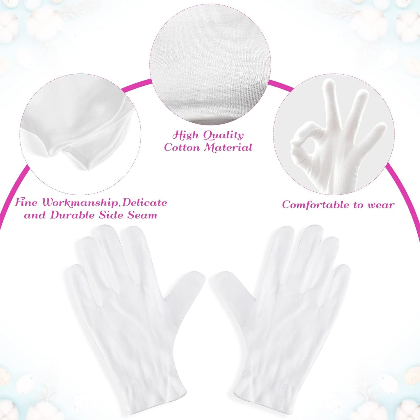 12 Pairs XL White Cotton Gloves for Moisturizing, Eczema Relief & Jewelry Inspection - Hand Spa Essential