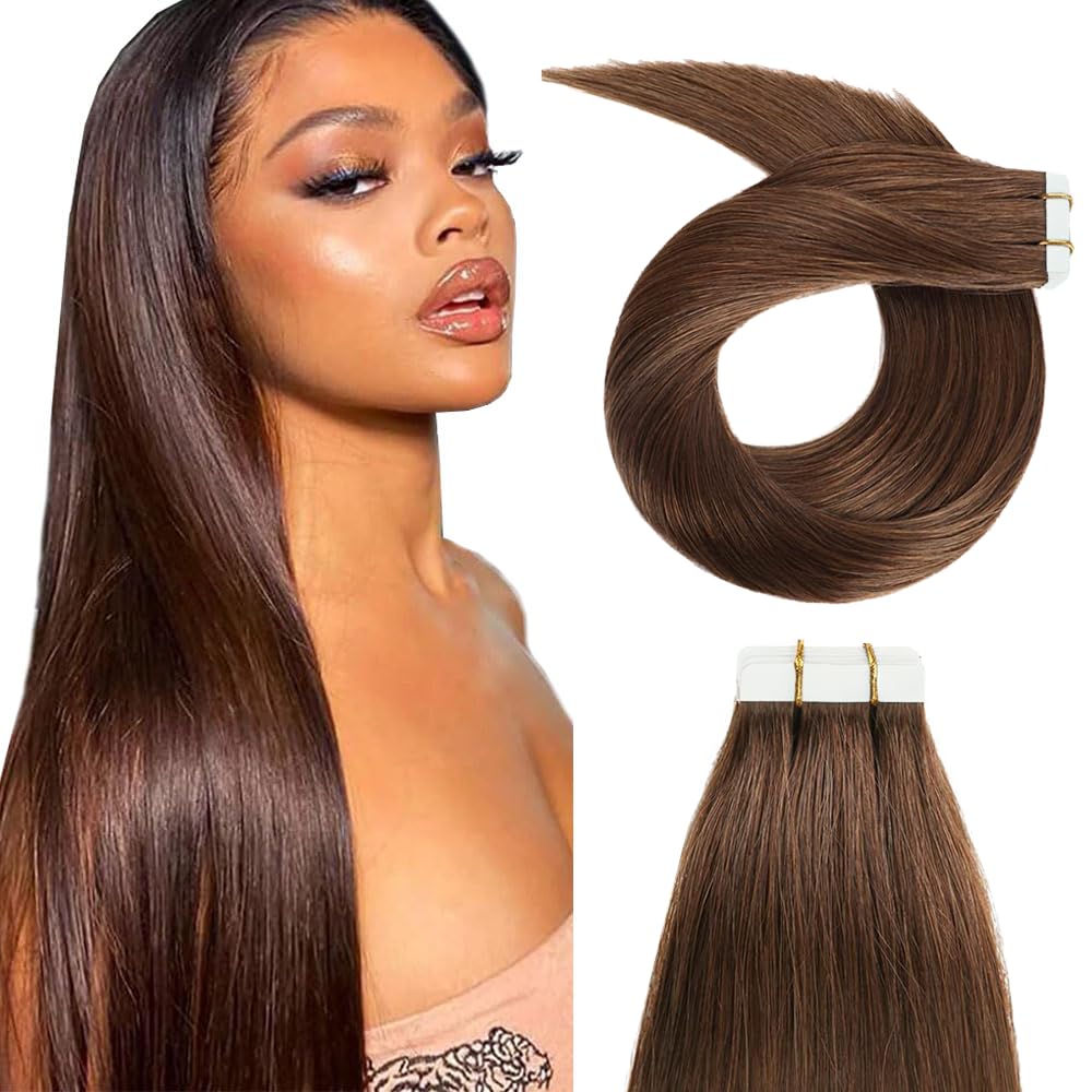 #4 Brown Tape in Extensions Human Hair 22 Inch Chocolate Brown Straight Tape in Seamless Extensions Dark Brown Hair Skin Weft Seamless Invisible Remy Hair 40g 10Pcs.