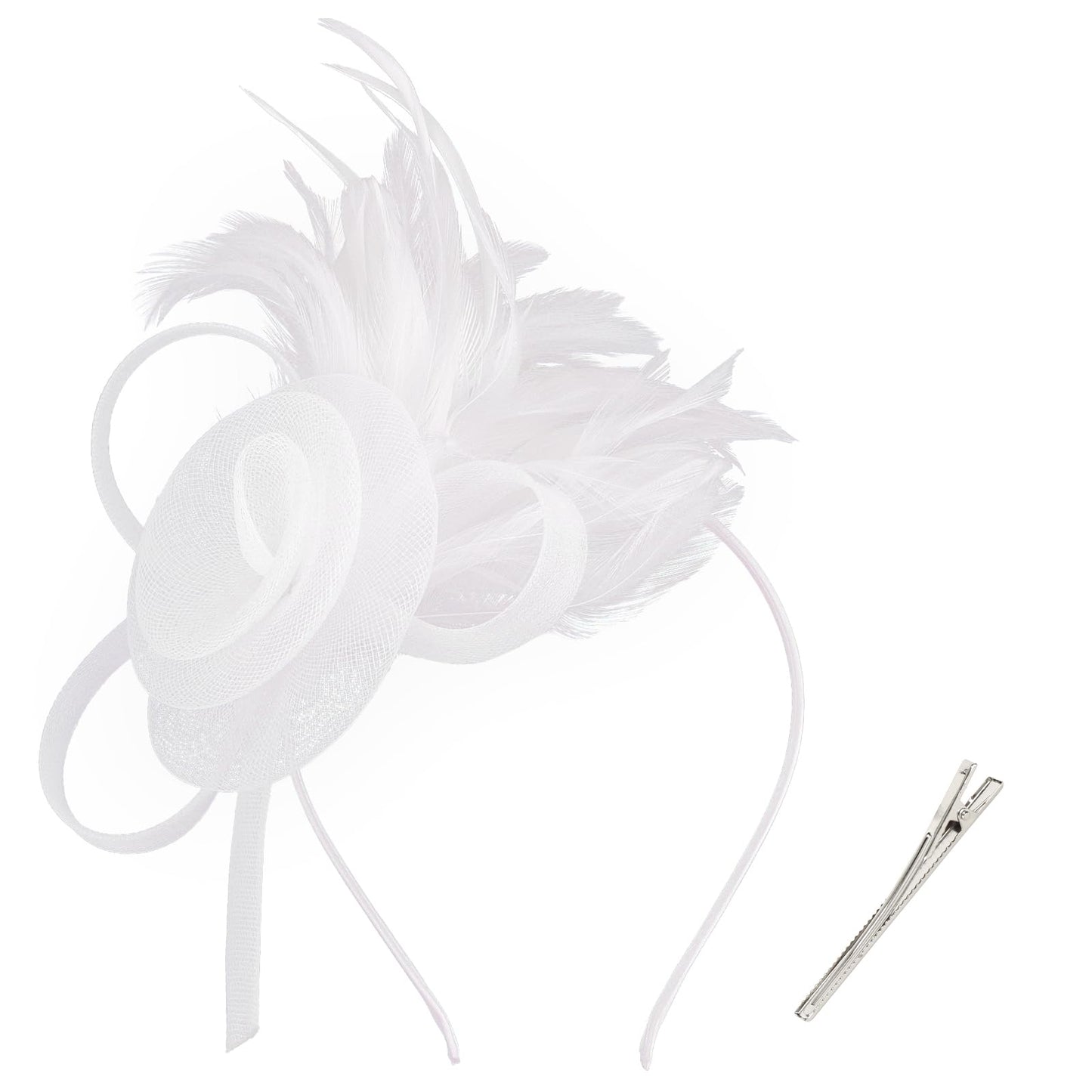 AMCAMI Fascinators Hats with Feather for Women 2025 Derby Hats Tea Party Hat with Headband and Clip White