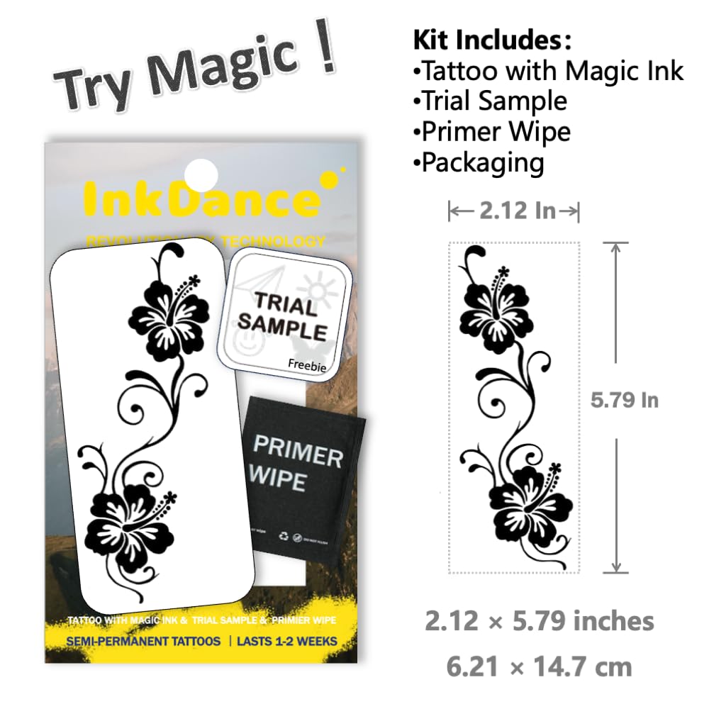 InkDance Semi-Permanent Tattoo, Midnight Tropics, Tropical Hibiscus, Long Lasting Temporary Tattoos, Waterproof Plant-Based Ink, Lasts 1-2 Weeks, Color Develops in 24 Hours D272