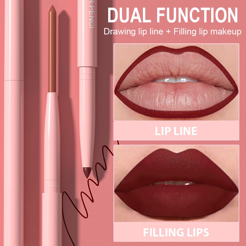 Retractable Lip Liner Set - 6 Pcs Natural Nude Beige & Bold Colors for Shaping Lips | Creamy Matte Velvet Finish