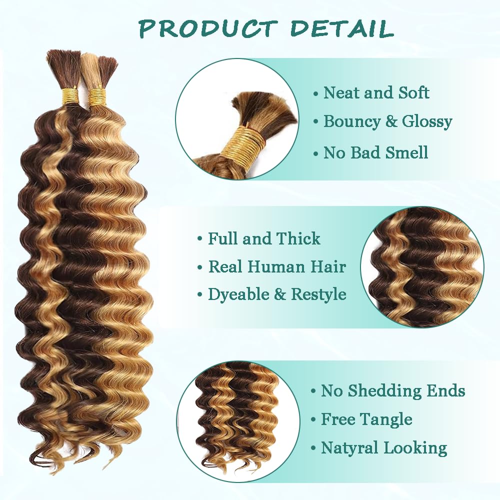 4/27 Boho Hair For Braiding Deep Wave Human Braiding Hair 100g 16 Inch Color 27 Bulk Human Hair Braiding Hair for Boho Braids Knotless 12A Curly Bohemian 2 Bundles