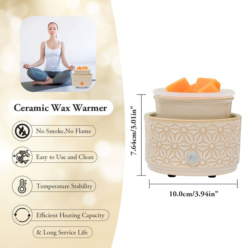 ASAWASA Candle Wax Melt Warmer with 1 pc Silicone Liner,Ceramic Wax Warmer,3-in-1 Candle Wax Melter and Fragrance Warmer for Warming(White Hexagon Pattern)