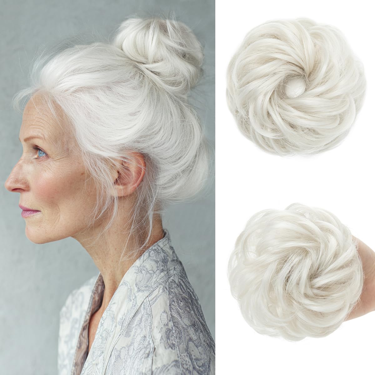 Small Messy Bun Hair Pieces for Women - Synthetic Curly Mini Scrunchies | 2PCs White