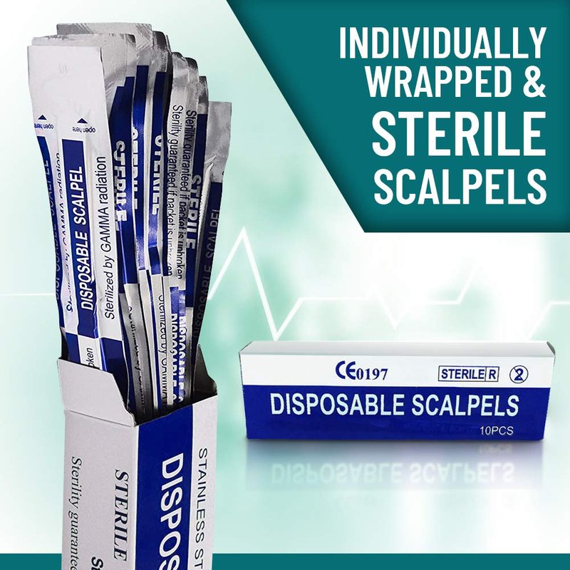MyMed Disposable Scalpel #10 and #11 Scalpel Blades, Pack of 10 Dermaplaning Blades w. Plastic Handle, Carbon Steel Dermablade Blades Individually Wrapped 5x10 Blade and 5x11 Blade, Sterile