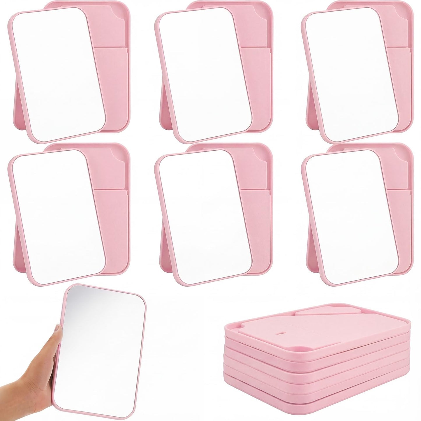 Cinnvoice 12 Pack Desktop Makeup Mirror Bulk 90° Adjustable Portable 8" Vanity Table Mirror with Stand, Folding Travel for Makeup Party Spa Party, Women, Cosmetics Personal Beauty (Pink)
