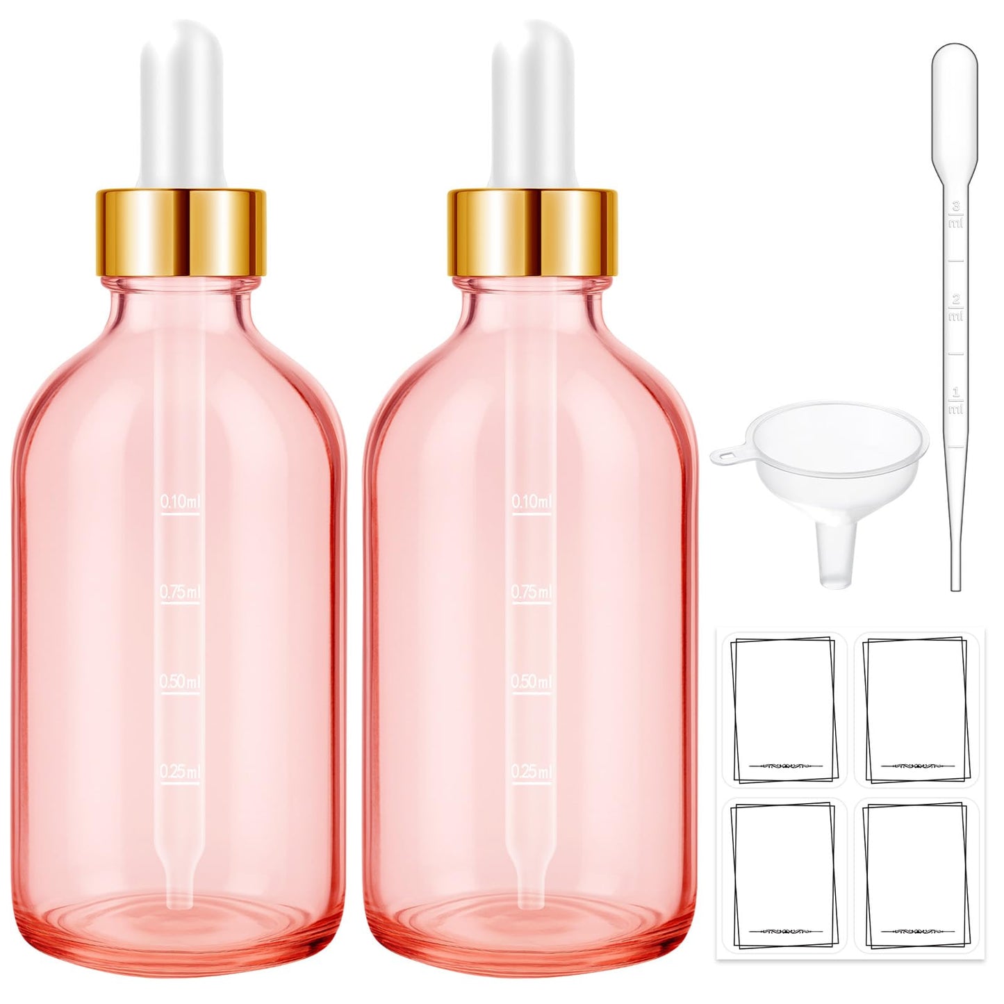 Bumobum Glass Bottle with Dropper, 4 oz Pink Tincture Bottle for Essential Oils with Labels and Funnels, 2 Pack Eye Dropper Bottles with Golden Top (Unbreakable Plastic Eye Dropper with Measurements)