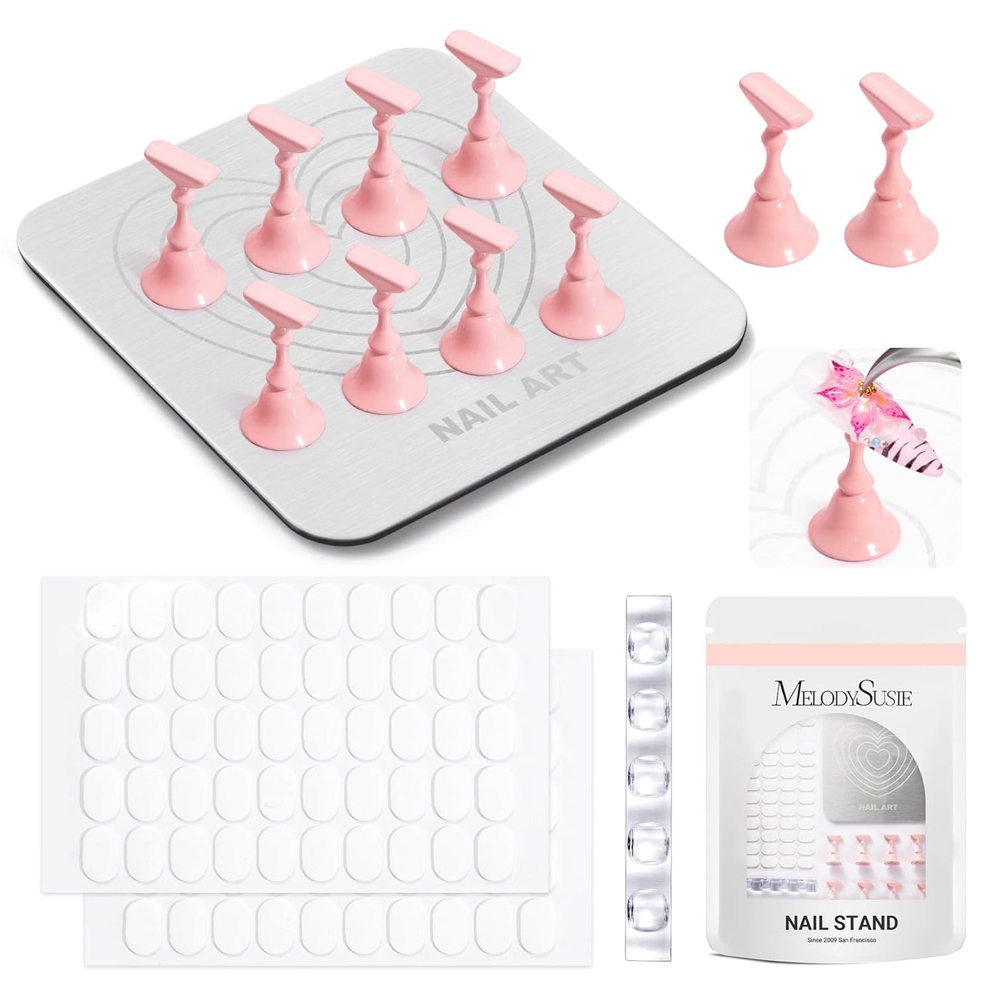MelodySusie Nail Stand - Metal Square With Heart Pattern & Magnetic Base | DIY Press-On Display With Brush Holder & Tape