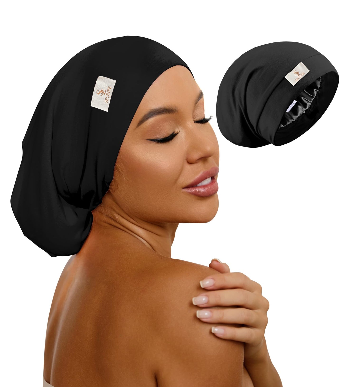 SECZIPE 100% Mulberry Silk Bonnet for Sleeping for Curly Hair and Braids, Wrap with Adjustable Strap for Women and Men,Real Silk, Not Satin（1Pc,Black）