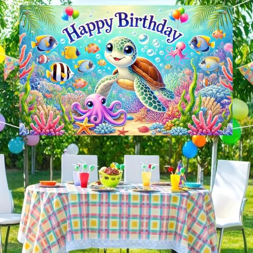 BlissYard Turtle Birthday Banner - Ocean Theme Backdrop 71x43 Inches
