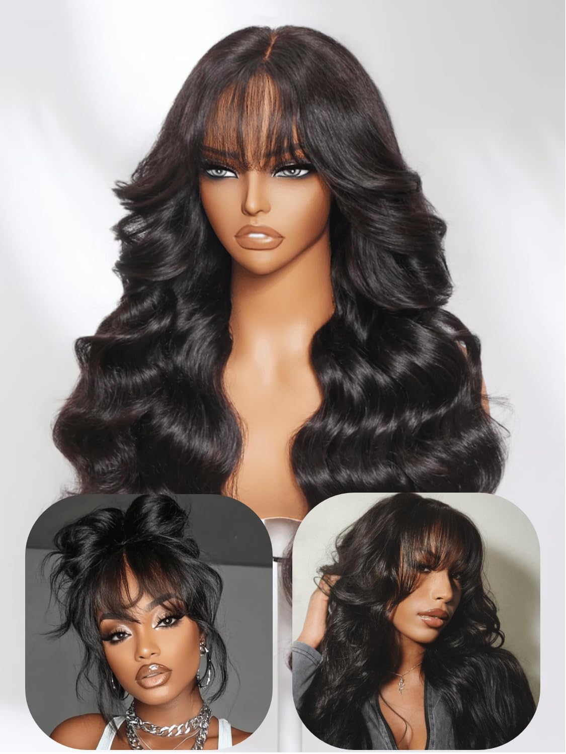 UNICE Loose Wave 7x5 Lace Front Wigs Human Hair with Curtain Bangs Bye Bye Knots Glueless Human Hair Wig Pre Plucked Pre Cut Bleached Knots Put on and Go Wig for Women 180% Density 18 Inch