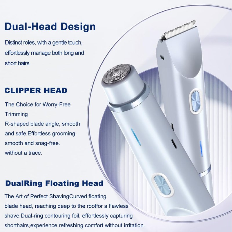 Bikini Trimmer for Women 2 in 1 Dual Head - IPX7 Waterproof Painless Electric Razors for Beauty, Pubic Hair, Face, Legs & Underarms– Portable Cordless Shaver with Fast Charging, Easy Cleaning (Blue)