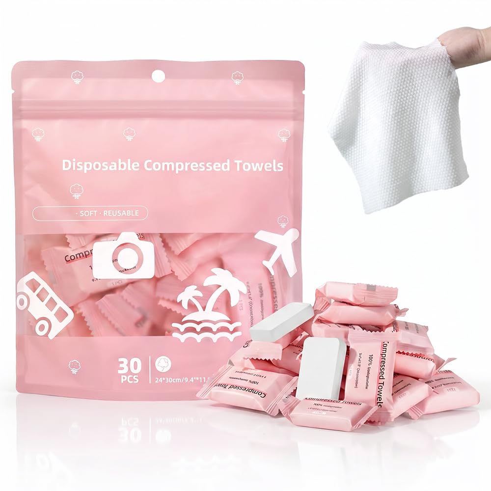 Compressed Towels 30 Pack, 2026 New Portable Travel Towels, Soft Compressed Face Towels for Camping, Compact Coin Tissues for Outdoor Use, Disposable Face Towel for Travelers (Pink, 30 Pcs)