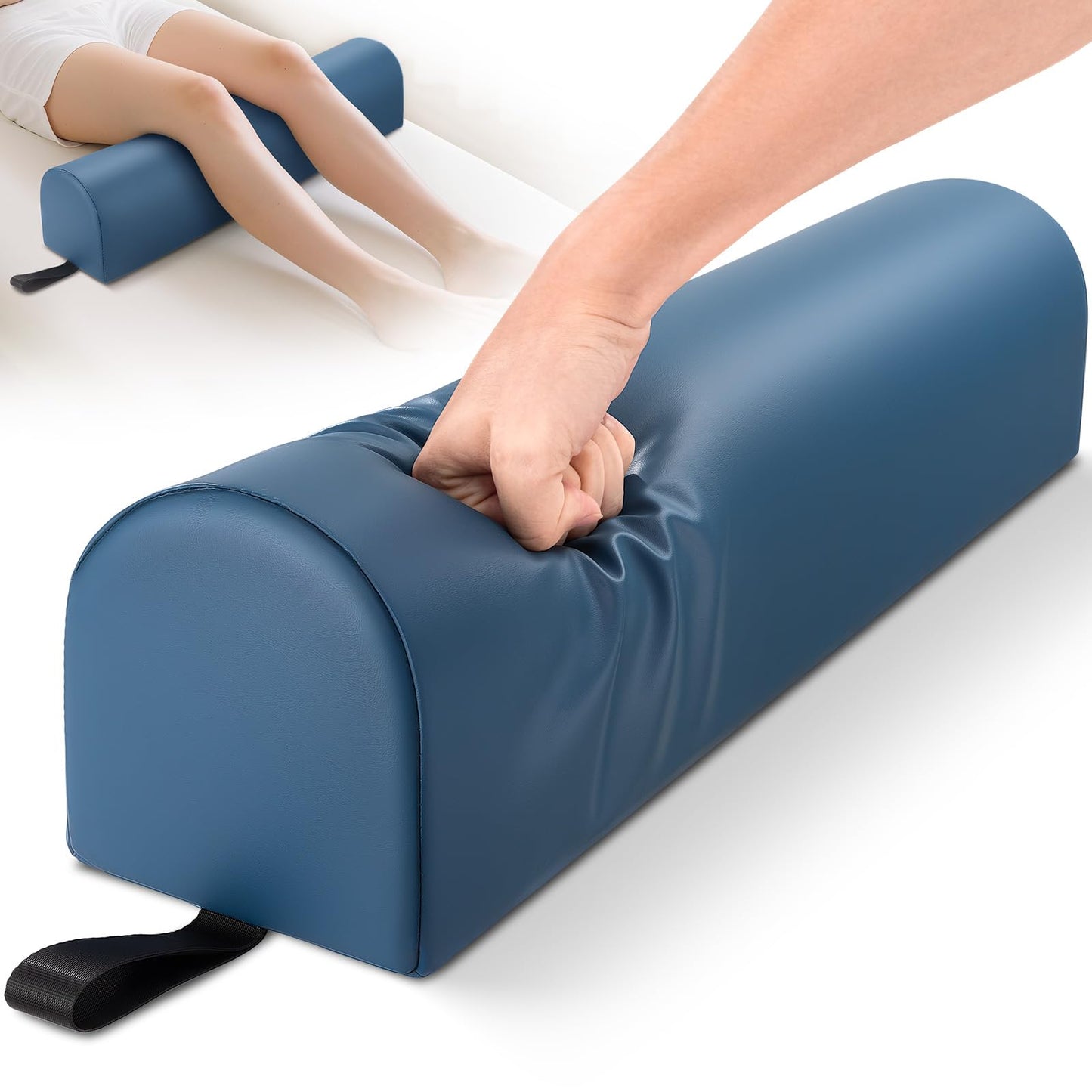 Noverlife 3/4 Round Massage Bolster, 26x6x6 inch Leg Bolster for Massage Table with Strap Handle PU Leather Bolster Pillow for Legs, Physical Therapy Bolsters Under Back Knee Ankles Pain Relief - Blue