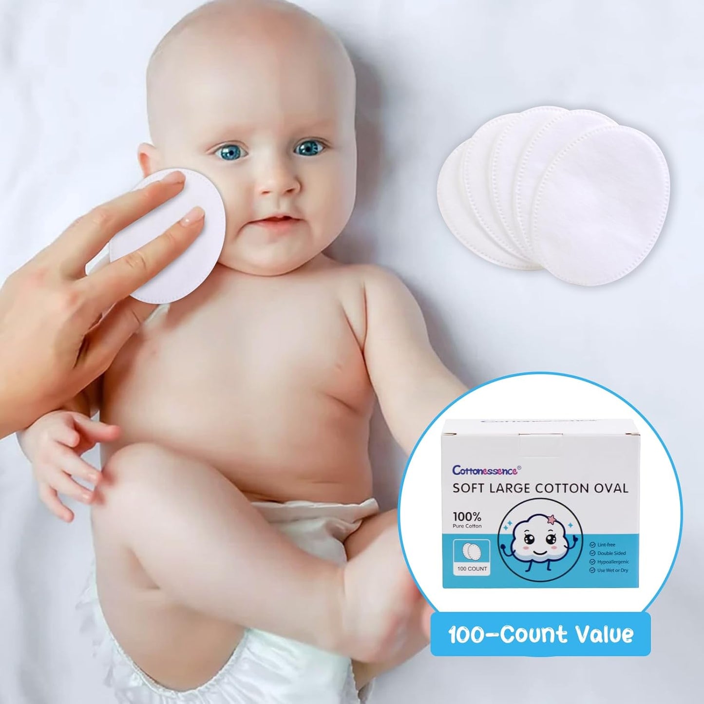 Oval Cotton Pads - 100% Pure Cotton, Gentle for Babies | Lint-Free, Hypoallergenic, Soft Texture, 100-Count