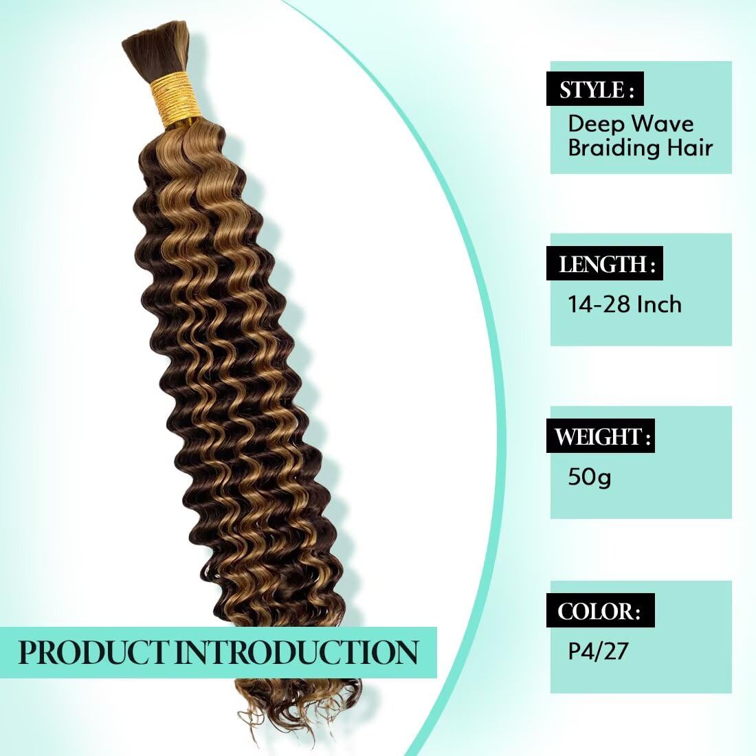 Boho Hair for Braiding, Ombre Curly Virgin Human Braiding Hair for Women, 12A Knotless Deep Wave Bulk Bohemian Styles, 50g 26 Inch 1 Bundles/Pack Highlight P4/27
