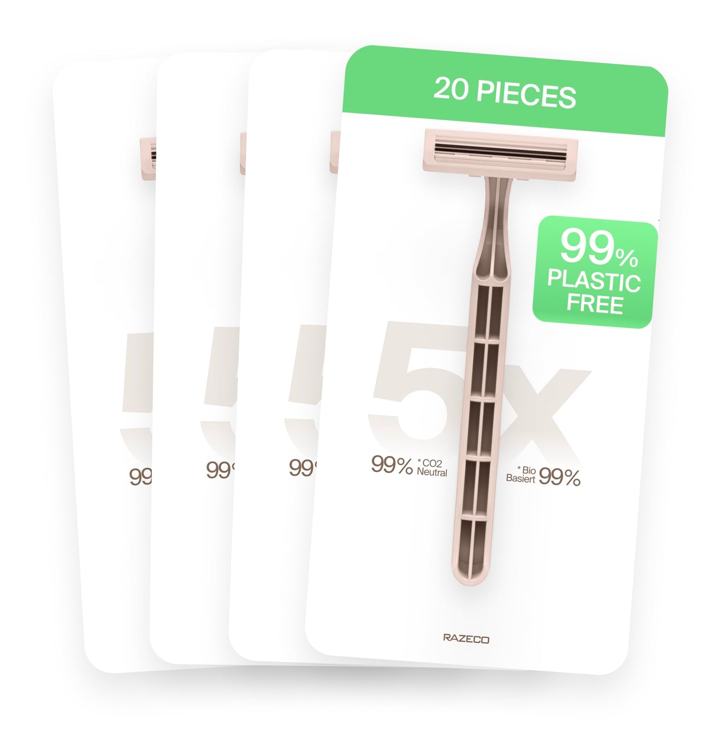 Razeco Plastic-Free Disposable Razors – 20 pieces, 3 blades – Sustainable shaving for a zero-waste routine (Rosé)