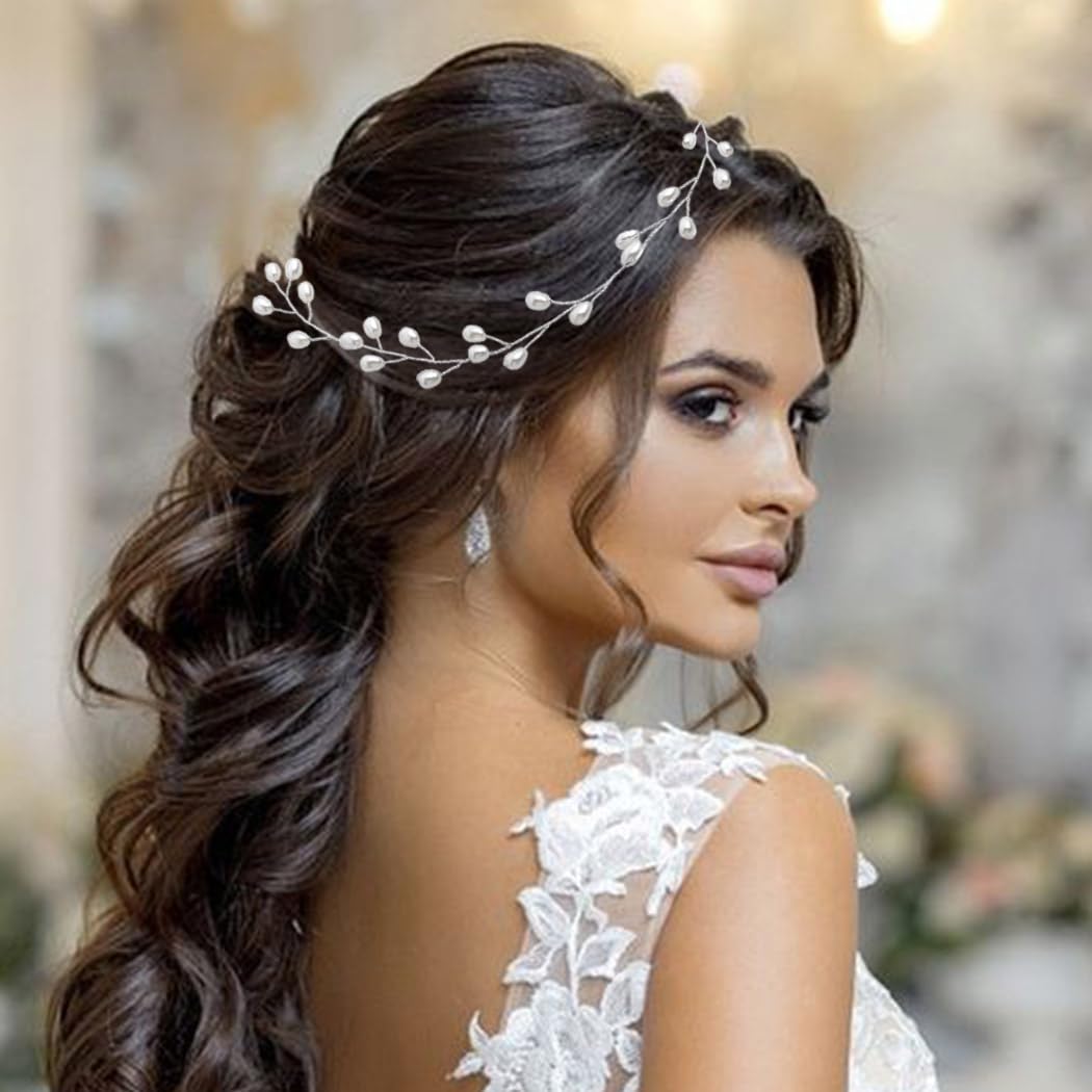 Catery Bridal Headbands Pearl Hair Vine Wedding Headpiece Bride Head Band Accessories for Women and Girls (Sliver)