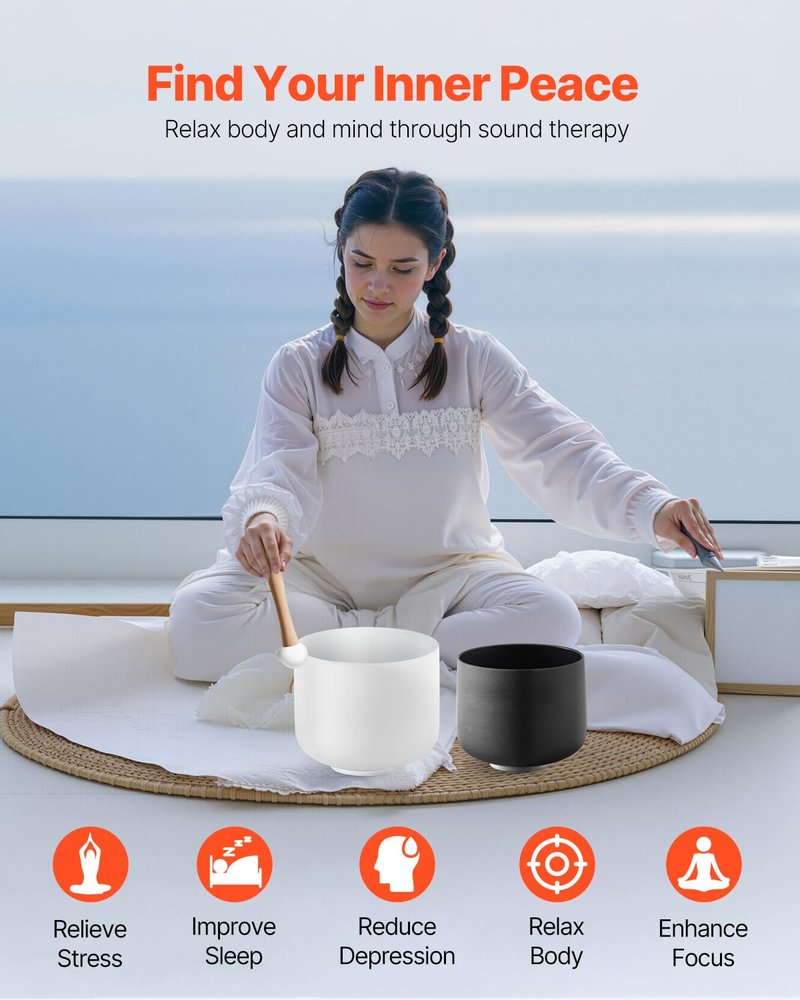 VEVOR Crystal Singing Bowl, 8-inch F Note Heart Chakra Singing Bowl, Frosted Quartz with Rubber Mallet and O-Ring, Perfect for Meditation, Yoga, Sound Baths, Sound Healing
