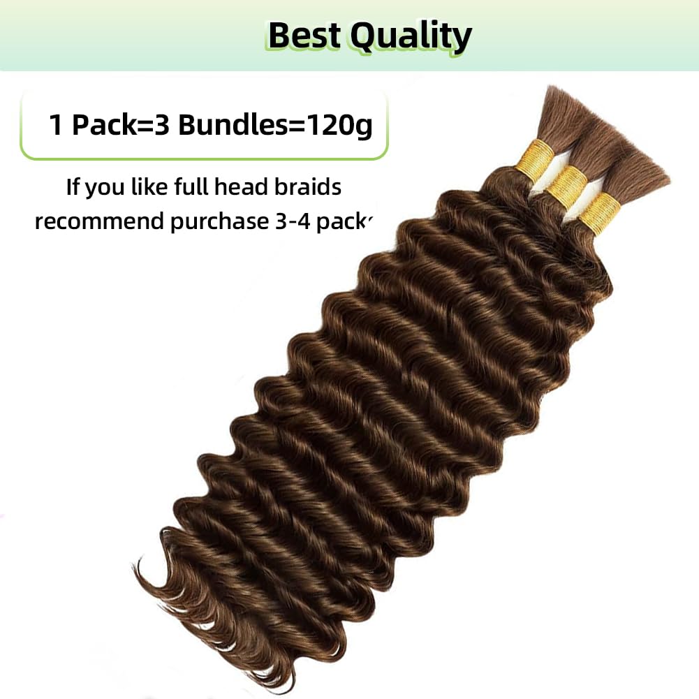 Color 4 Brown Boho Human Braiding Hair 120g Curly for Boho Braids Bohemian 100% Human Hair for Braiding Wet and Wave Deep Wave Bulk Human Hair for Boho Knotless Braids No Weft 3 Bundles 16 Inch