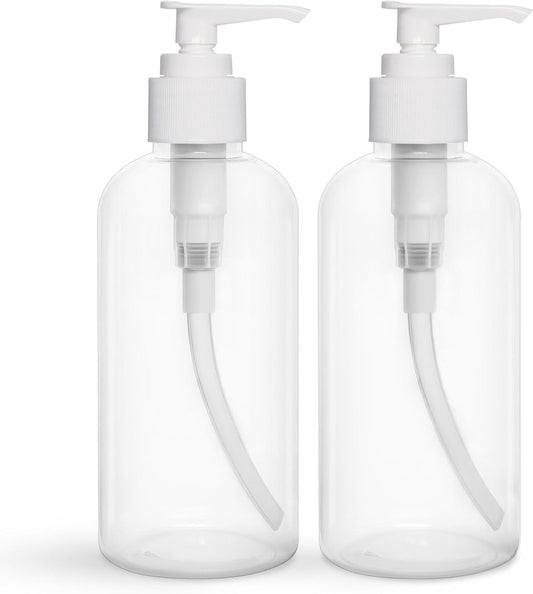Plastic Pump Dispenser Bottles - 8 OZ BPA-Free Refillable Containers for Body Wash, Moisturizer, Face Cream | Clear/White - 2 Pack