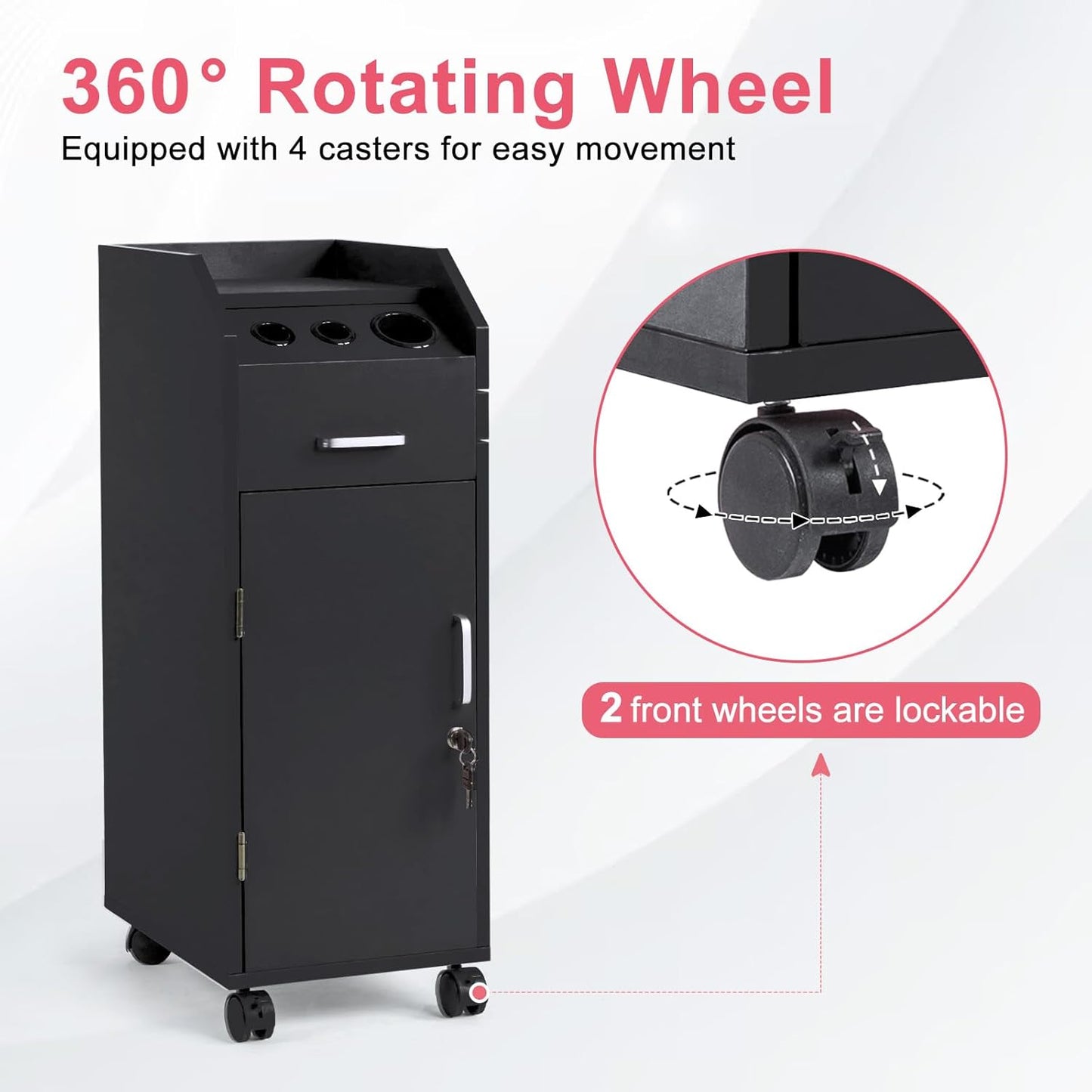 Hair Salon Storage Cart - Mobile Makeup Case with Wheels, 3 Hair Dryer Holders & 4 Drawers | Black Utility Trolley