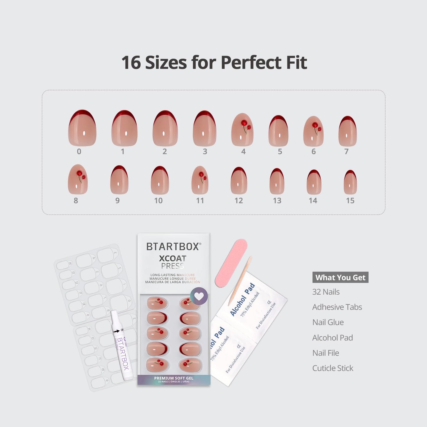 BTArtbox Press On Nails, Cherry Charm, XS Almond, Red French Tip, 32Ct