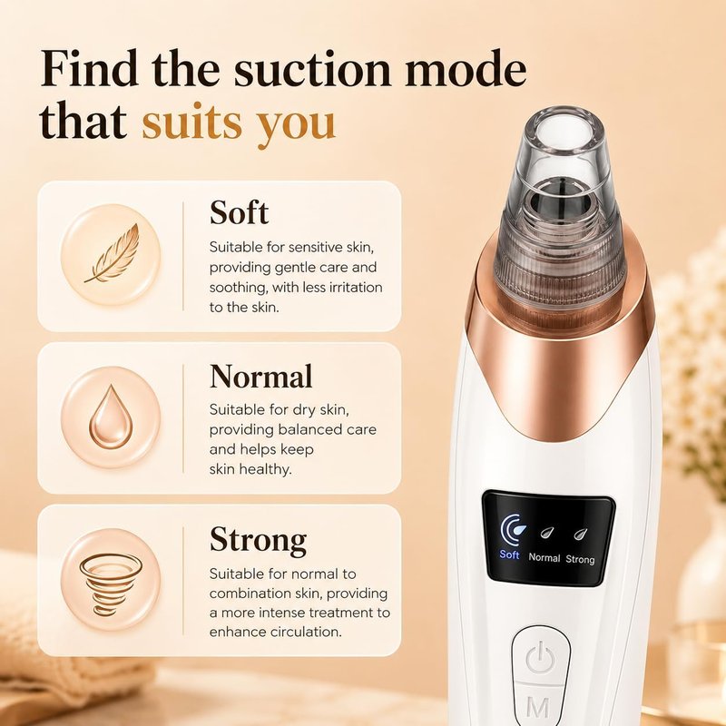 Blackhead Remover Vacuum - Professional Pore Cleaner with 3 Suction Levels | USB Rechargeable, 5 Probes, White