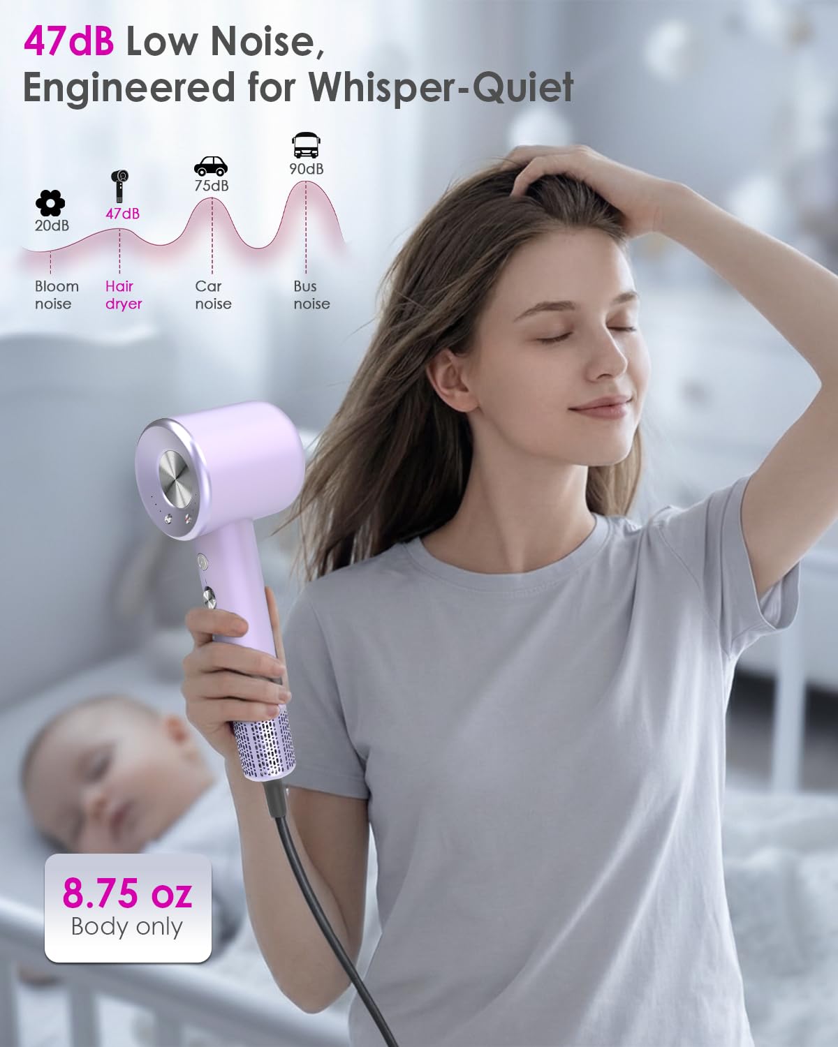 High Speed Ionic Professional Hair Blow Dryer,160000 RPM Powerful Fast Drying Travel Hairdryer Blowdryer with Magnetic Diffuser, Concentrator Nozzle & Wall Mount Bracket, 3 Speeds & 4 Temps, Purple