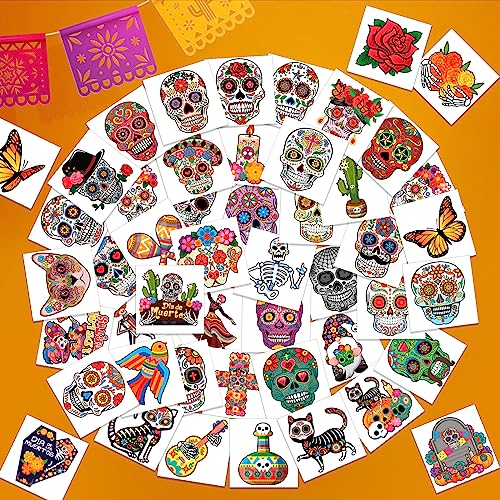 96pcs Day of the Dead Skeleton Face Tattoos - Colorful Sugar Skull Stickers for Halloween & Mexican Fiesta