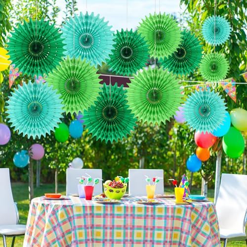 BestoFun 12 PCS Green Tissue Paper Fans for Party Decor