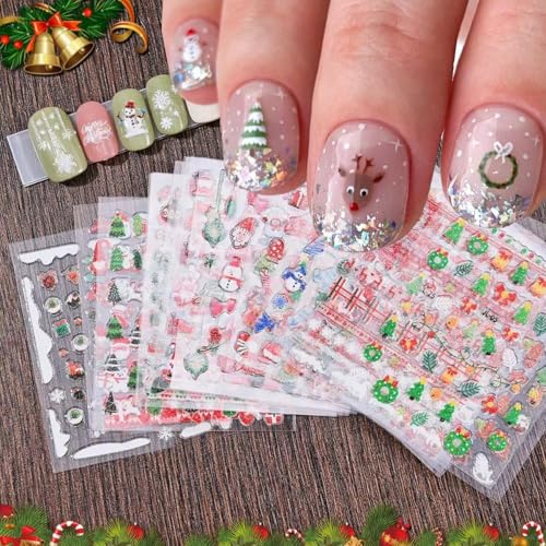 KZBTRBT Colorful Glitter Christmas Nail Art Stickers 3D Snowflake Santa Reindeer Cute Decals - 33