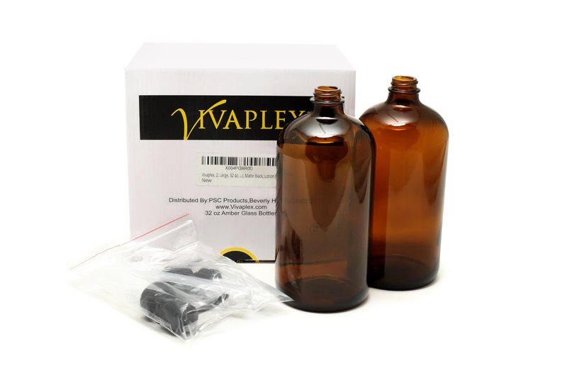 Vivaplex, 2, Large, 32 oz, Empty, Amber Glass Bottles with Stainless Steel, Matte Black, Lotion Pumps