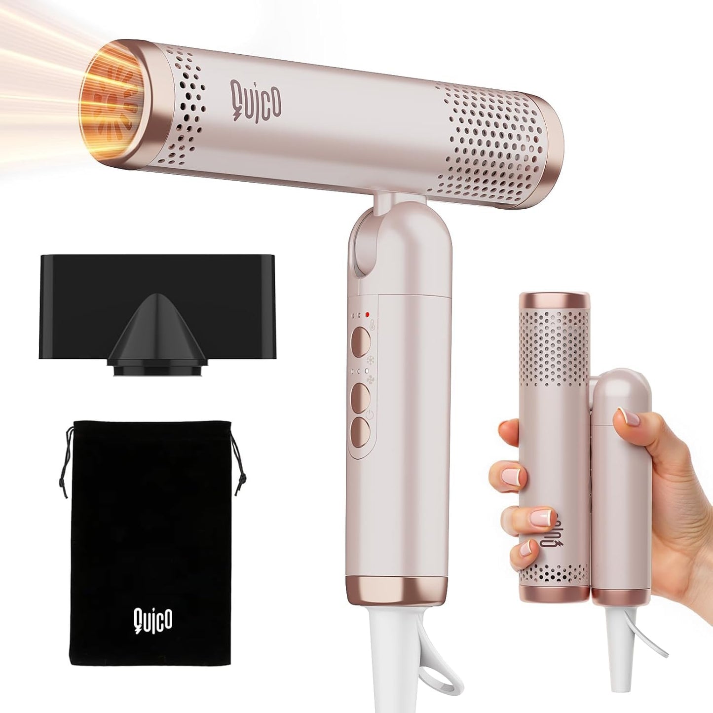 QUICO Hair Blow Dryer, 120-240V Dual Voltage Travel Blow Dryer Foldable, 120000 RPM High-Speed BLDC Negative Ionic Hair Dryer for Fast Drying, Portable Hair Dryer, Cold/3 Heating/3 Speed Settings,Pink