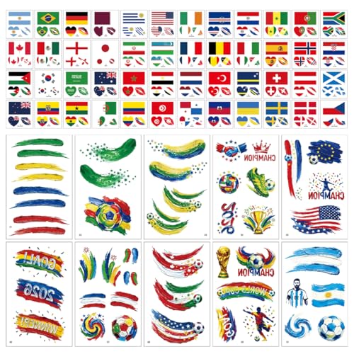 World Cup 2026 Soccer Tattoos, 10 Sheets Oil Painting Style£¬48sheets Temporary Tattoos Country Flag Face Stickers Waterproof National Flag Tattoos,Suitable for fans of all ages a total of 58 pieces