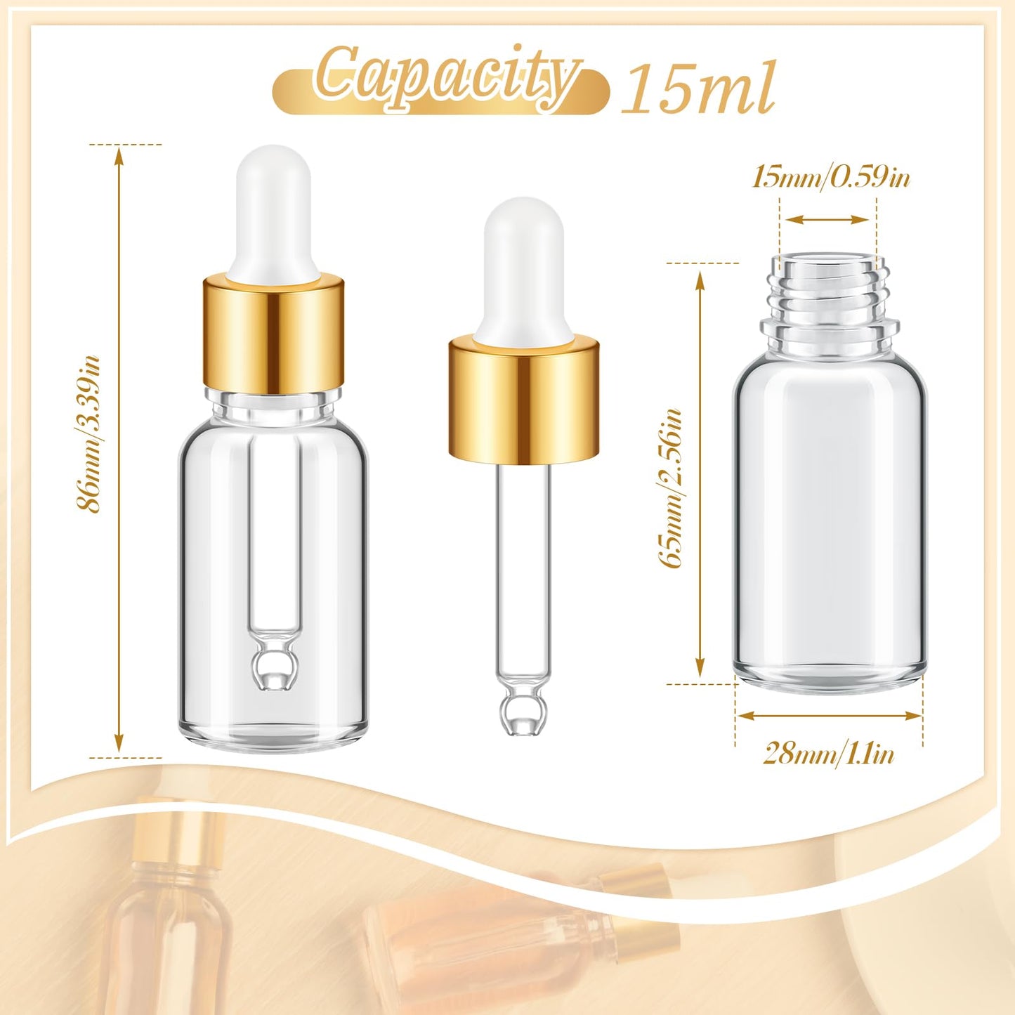 Didaey 100 Pcs 1/2/3/5/10/15 ml Mini Glass Oil Dropper Bottle Bulk, Clear Essential Small Empty Bottles Sample Containers Perfume Liquid Vials with Cap for Traveling (15 ml,Champagne Gold)