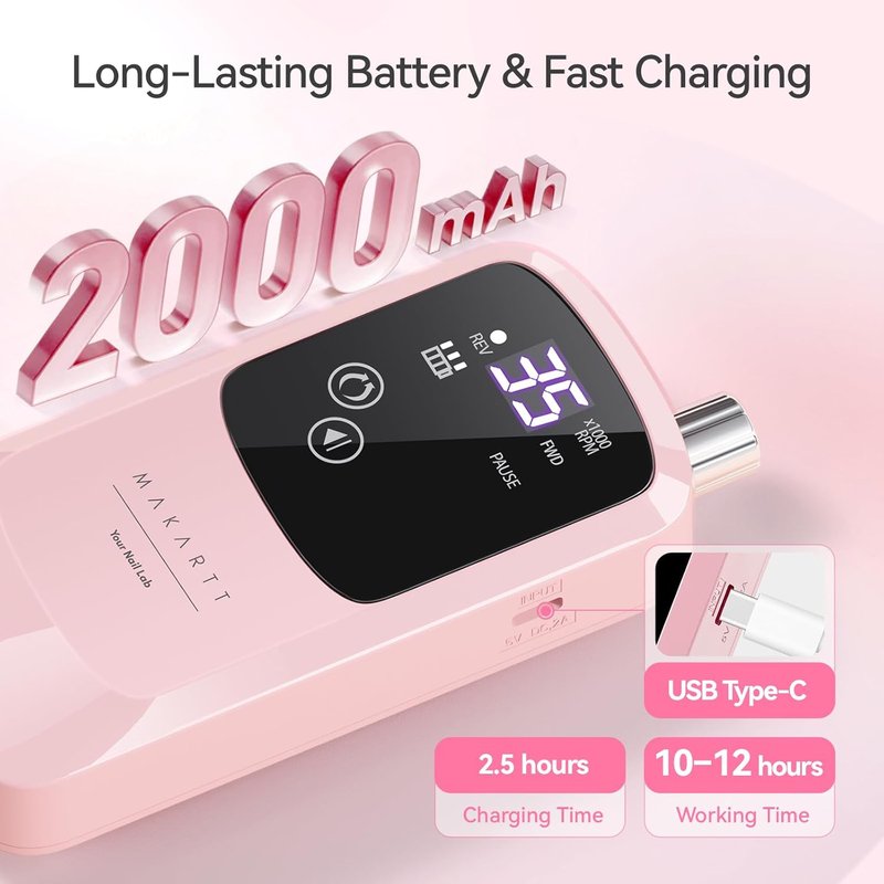 Rechargeable Electric Nail Drill - 35000 RPM Cordless Efile with LED Display & Storage Stand | Pink Manicure Kit for Beginners