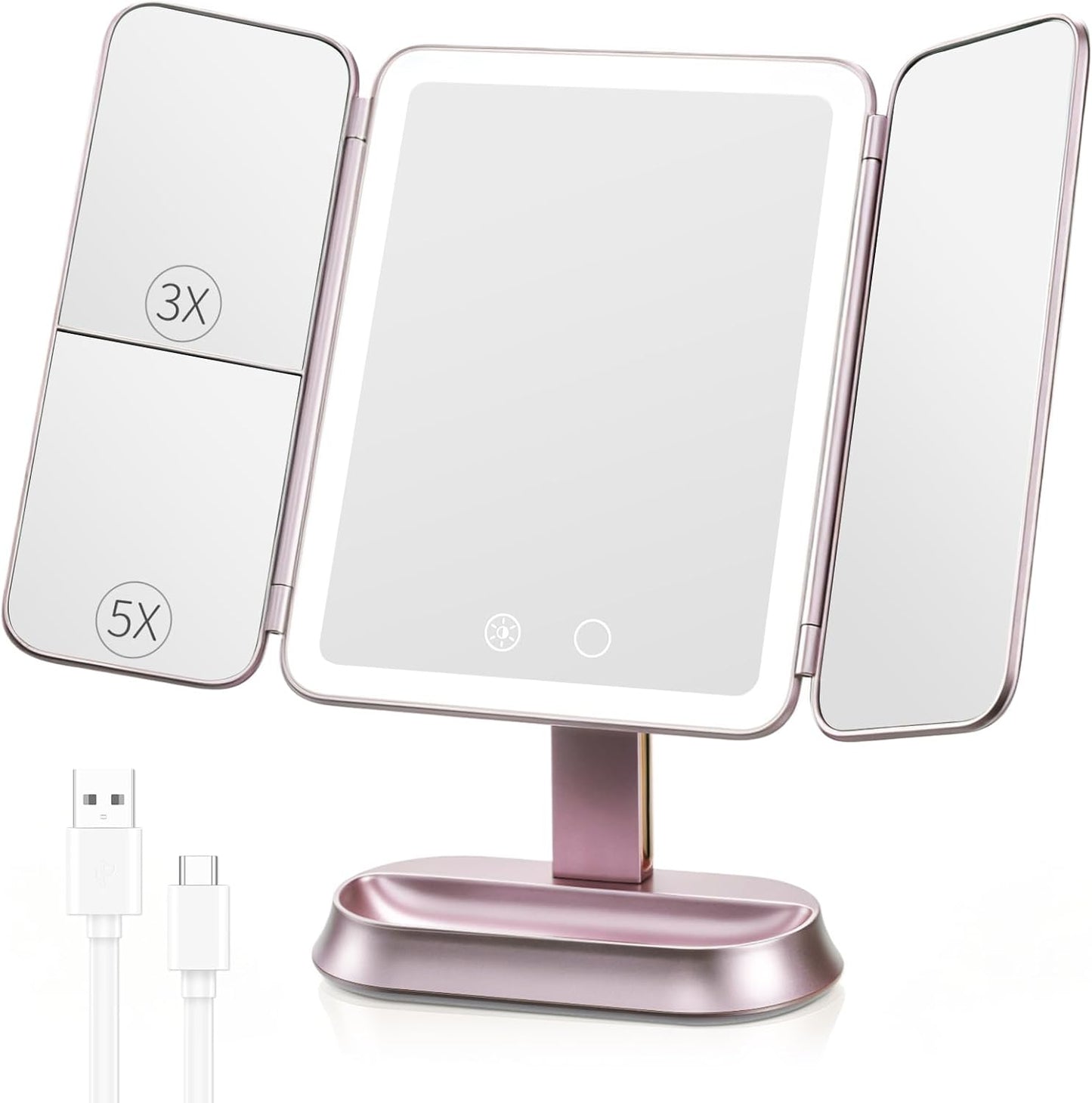 Illuminated Makeup Mirror - 1X/3X/5X Magnification, Dimmable Soft Light, 360° Rotation | Rechargeable Trifold Mirror for Travel & Dorm