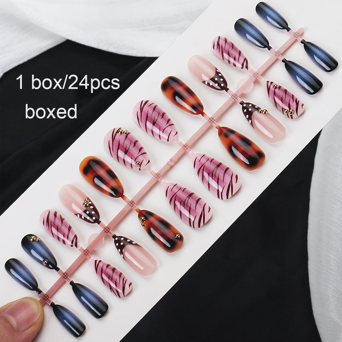 Short Almond Press-On Nails - 24 Pcs French Tip with Leopard Print & Gold Beads | Reusable Acrylic Nail Designs for Women