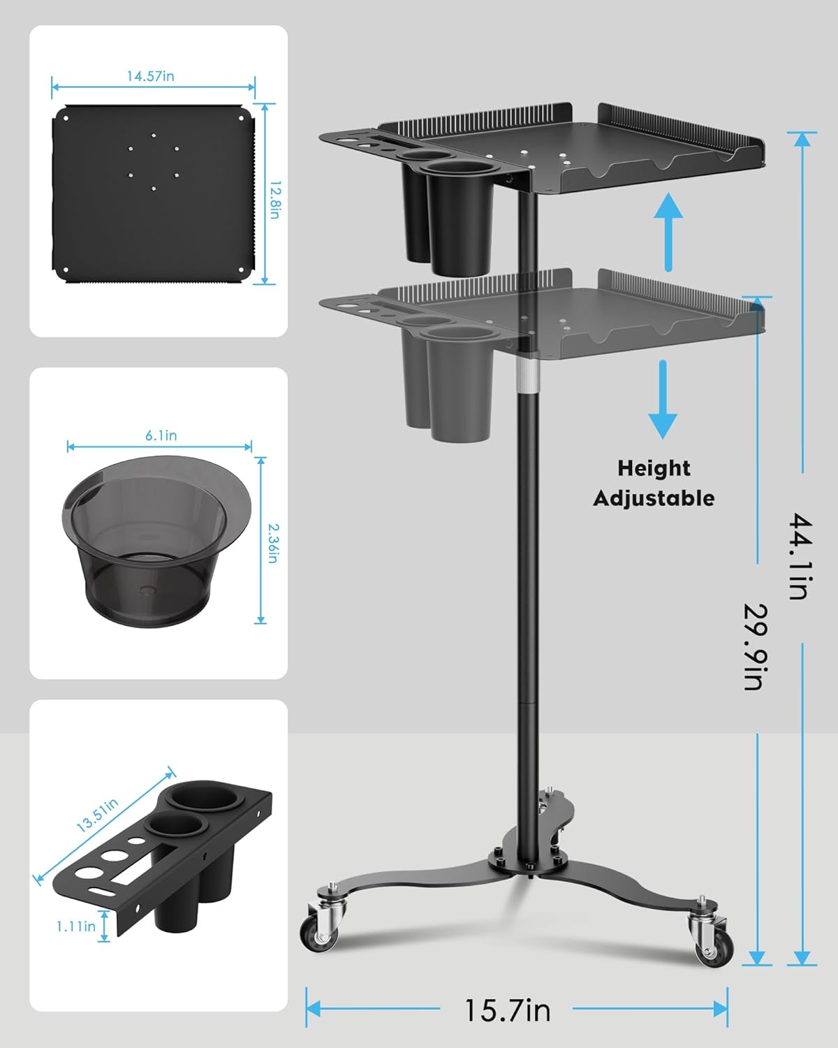 Rolling Salon Tray with Magnetic Bowls - Multi-Function Metal Cart for Tattoo & Hairstylist | Adjustable Height, Easy Mobility