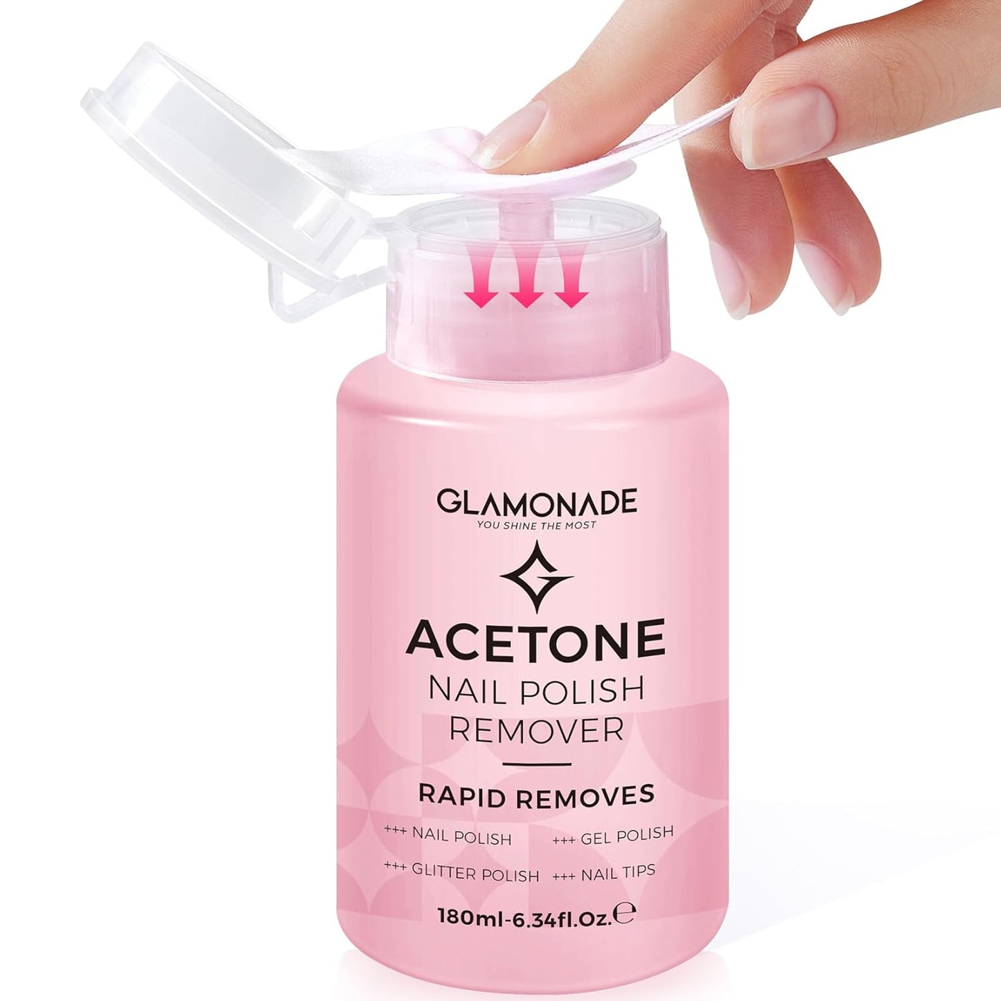 Glamonade Acetone Nail Polish Remover - Gel & Glitter Polish Remover with Aloe Vera | Easy Push-Down Pump (6.34 Fl Oz)
