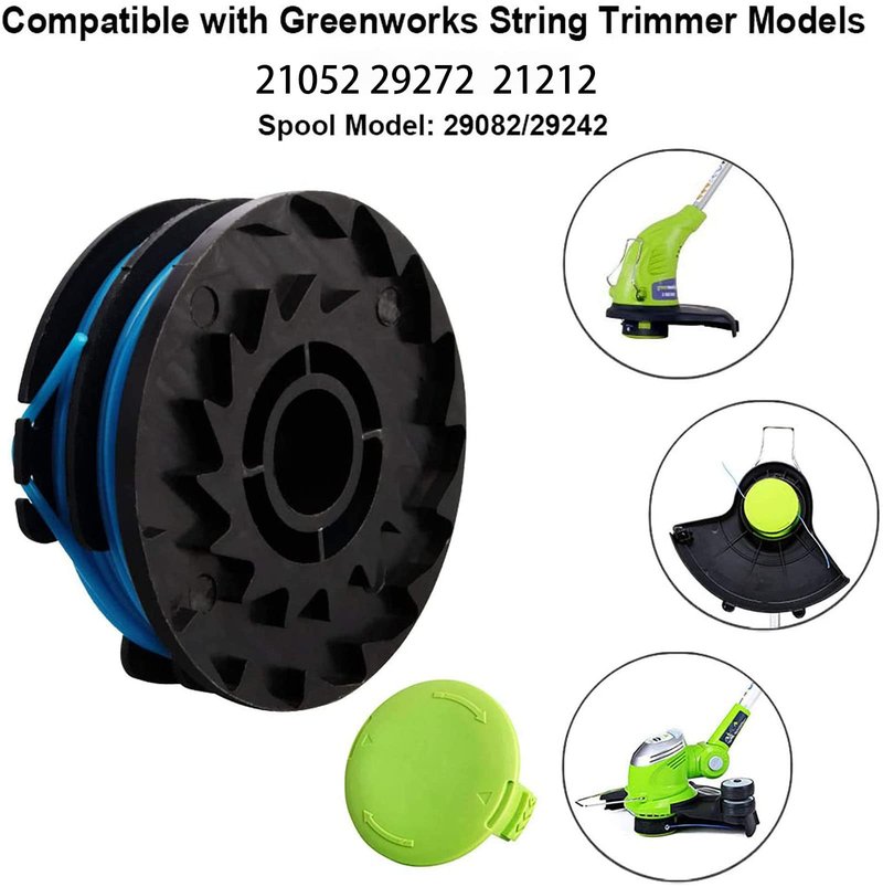 Thten 29242 29082 Trimmer Spool Replacement 27ft 0.065 inch for Greenworks 24V 40V 21052 29272 and 21212 Dual line Electric String Trimmers with 3411546A6 Cap Covers Parts(6Pack+2 Cap)