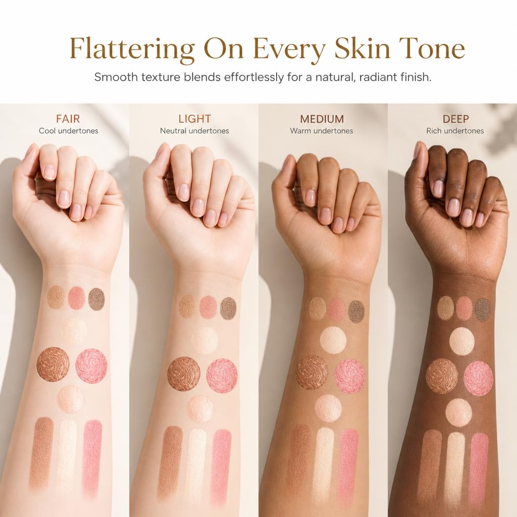 Ihuiniya 7 Colors Baked Makeup Palette, All in One Eyeshadow, Blush, Highlighter and Bronzer, Neutral Warm Tones, Natural Finish, Travel-Friendly Compact (PINK-7Color)