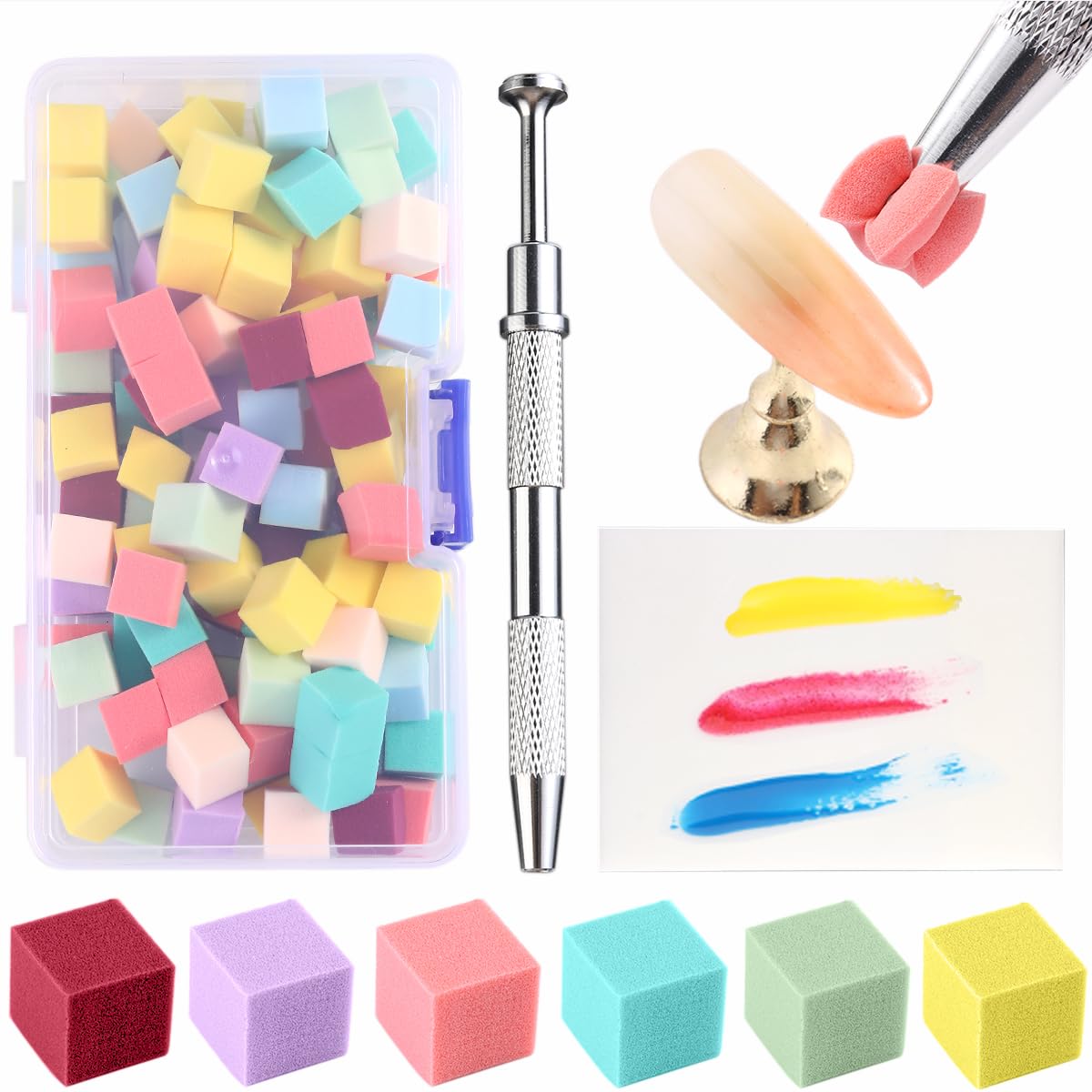 Soft Nail Sponges for Ombre & Gradient Effects - 100 Pcs White Nail Art Sponges with 6 Wedge Sponges & Grabbing Pen