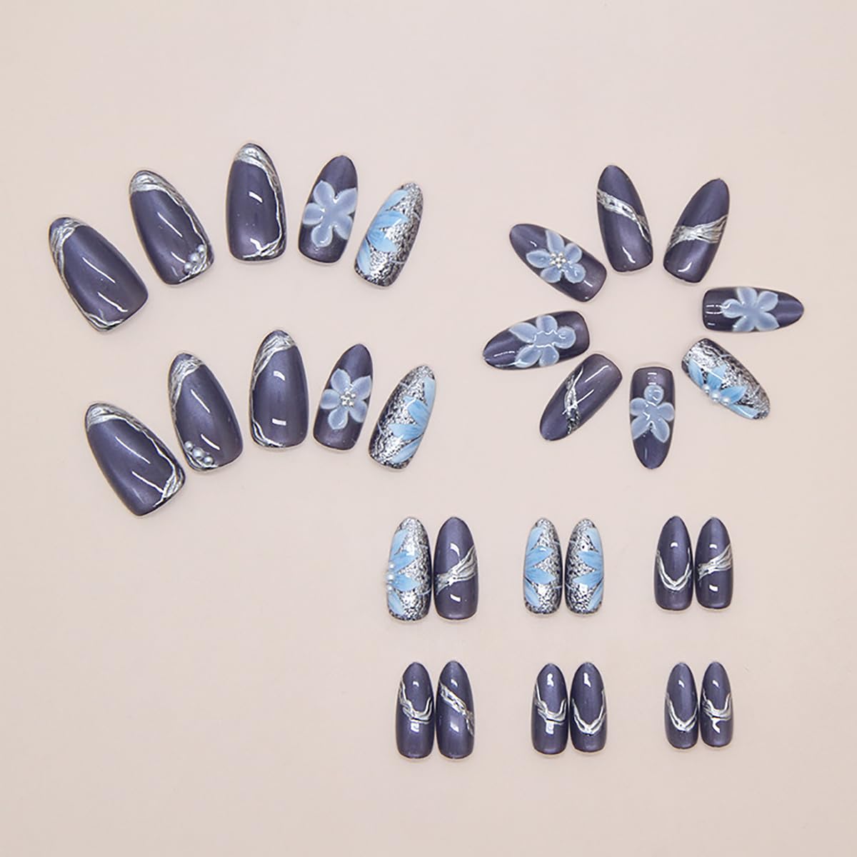 Almond Press-On Nails - 30Pcs Medium Flower Design with 3D Pearls | Dark Purple French Tips for DIY Manicure