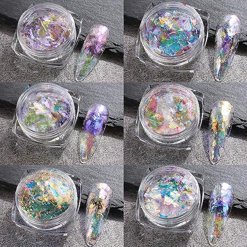 Opal Flakes Set-1 - Iridescent Chrome Nail Powder & Holographic Glitter for Nail Art, 6 Boxes